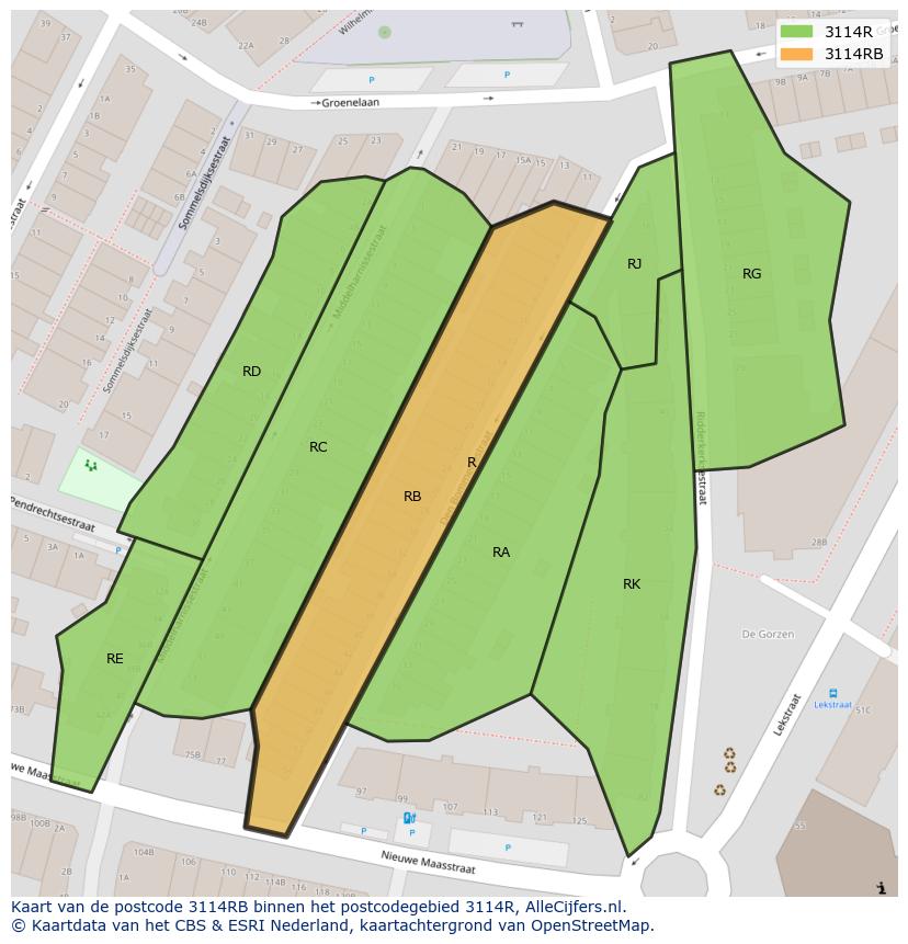 Afbeelding van het postcodegebied 3114 RB op de kaart.