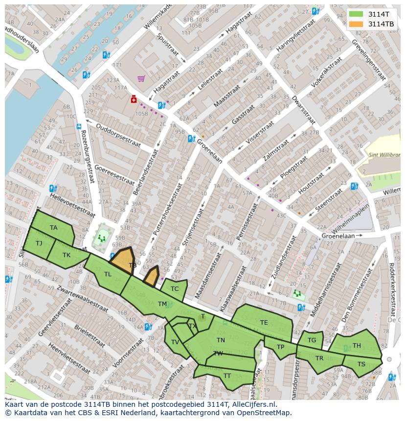 Afbeelding van het postcodegebied 3114 TB op de kaart.
