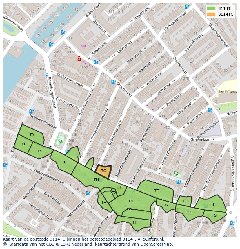 Afbeelding van het postcodegebied 3114 TC op de kaart.