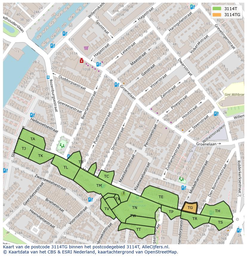 Afbeelding van het postcodegebied 3114 TG op de kaart.