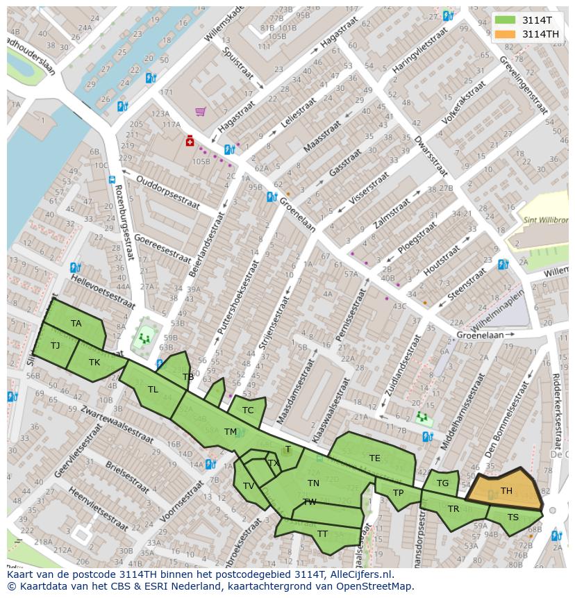 Afbeelding van het postcodegebied 3114 TH op de kaart.