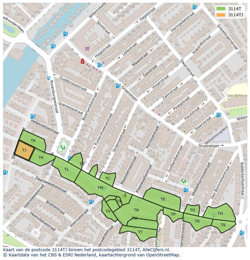 Afbeelding van het postcodegebied 3114 TJ op de kaart.