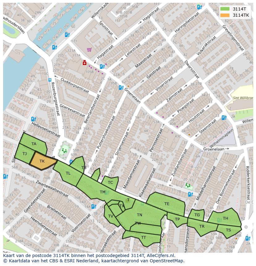 Afbeelding van het postcodegebied 3114 TK op de kaart.