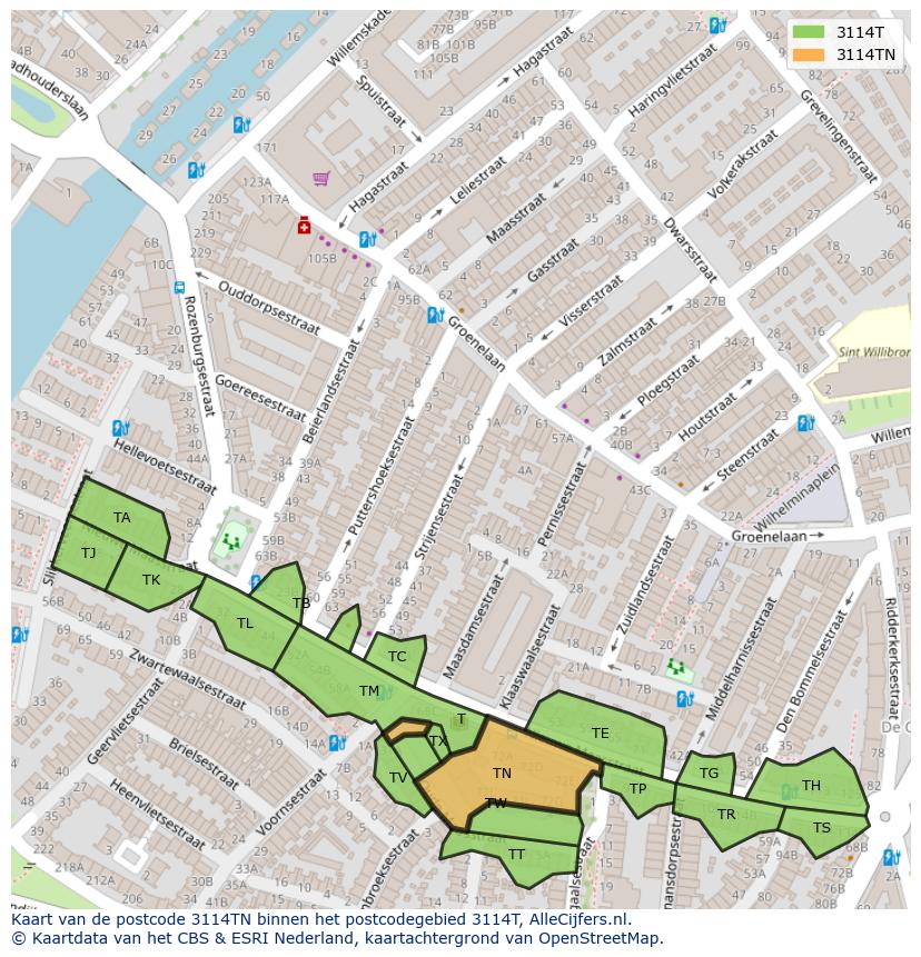 Afbeelding van het postcodegebied 3114 TN op de kaart.