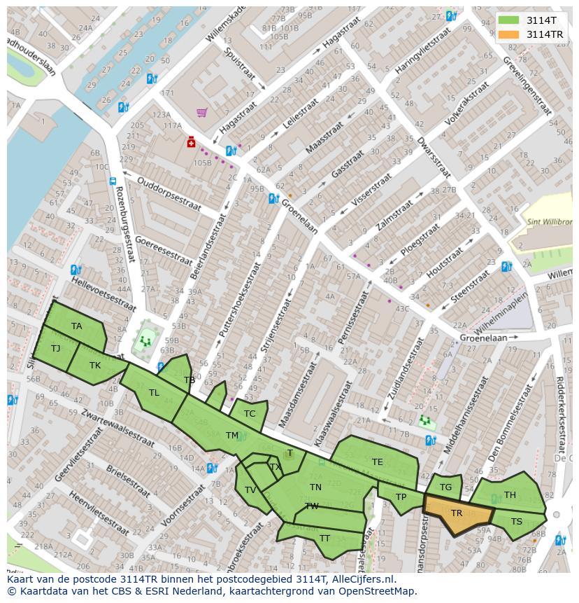 Afbeelding van het postcodegebied 3114 TR op de kaart.