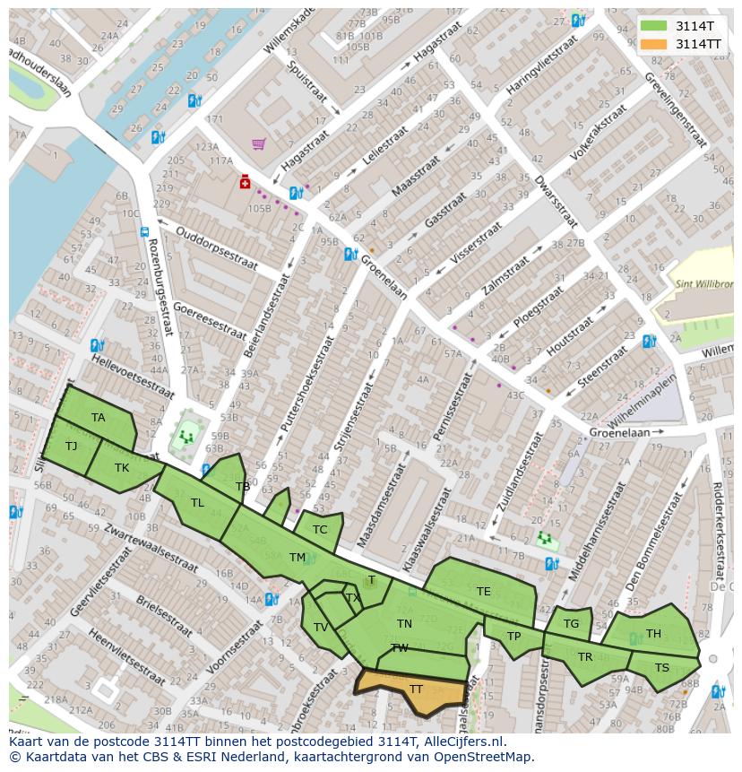 Afbeelding van het postcodegebied 3114 TT op de kaart.