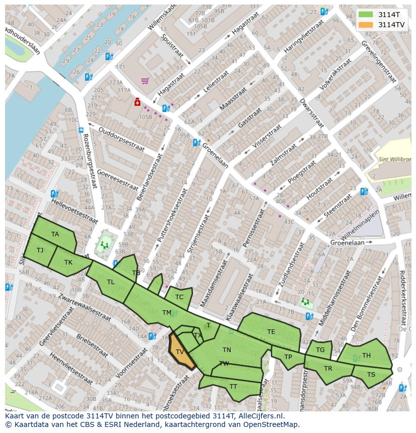 Afbeelding van het postcodegebied 3114 TV op de kaart.