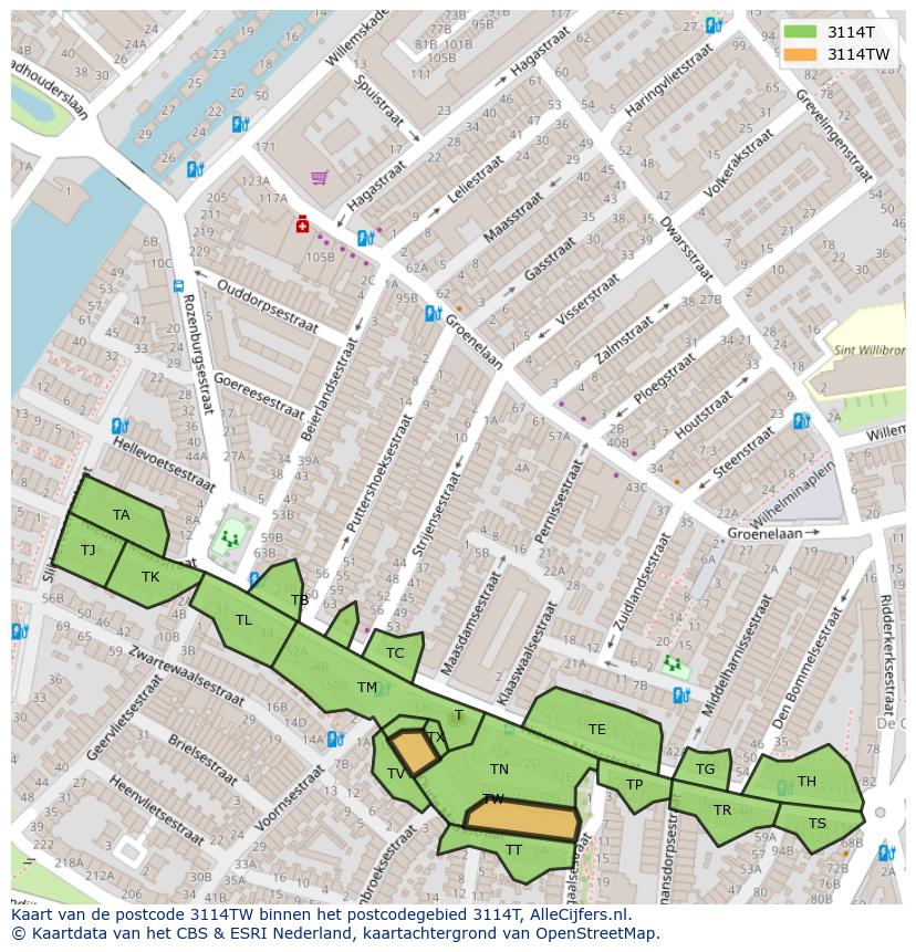 Afbeelding van het postcodegebied 3114 TW op de kaart.