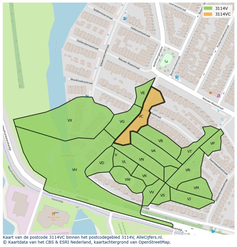 Afbeelding van het postcodegebied 3114 VC op de kaart.