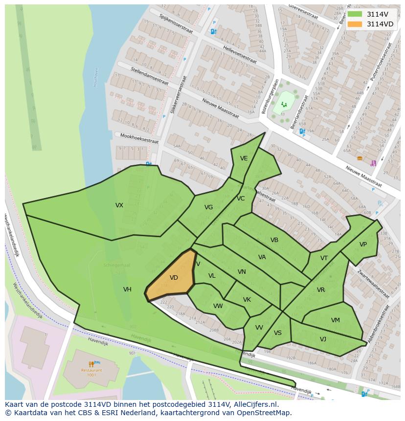 Afbeelding van het postcodegebied 3114 VD op de kaart.