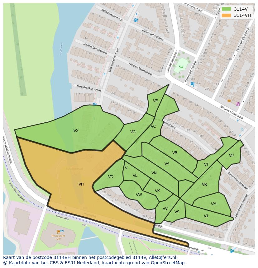 Afbeelding van het postcodegebied 3114 VH op de kaart.