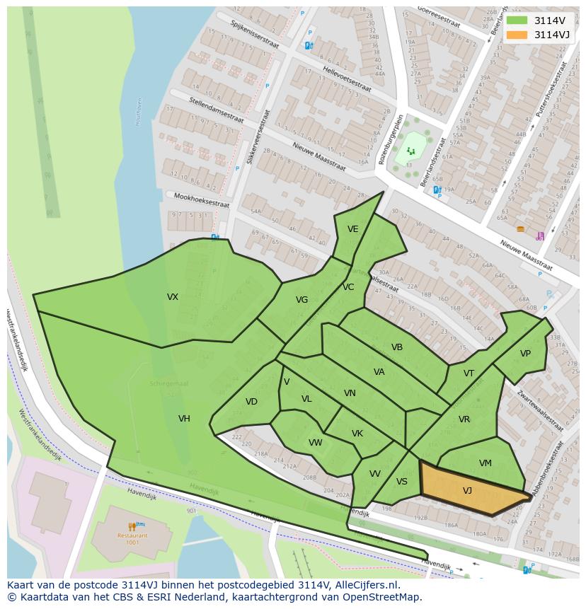 Afbeelding van het postcodegebied 3114 VJ op de kaart.