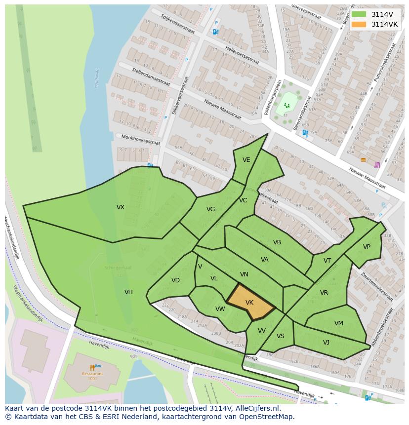 Afbeelding van het postcodegebied 3114 VK op de kaart.