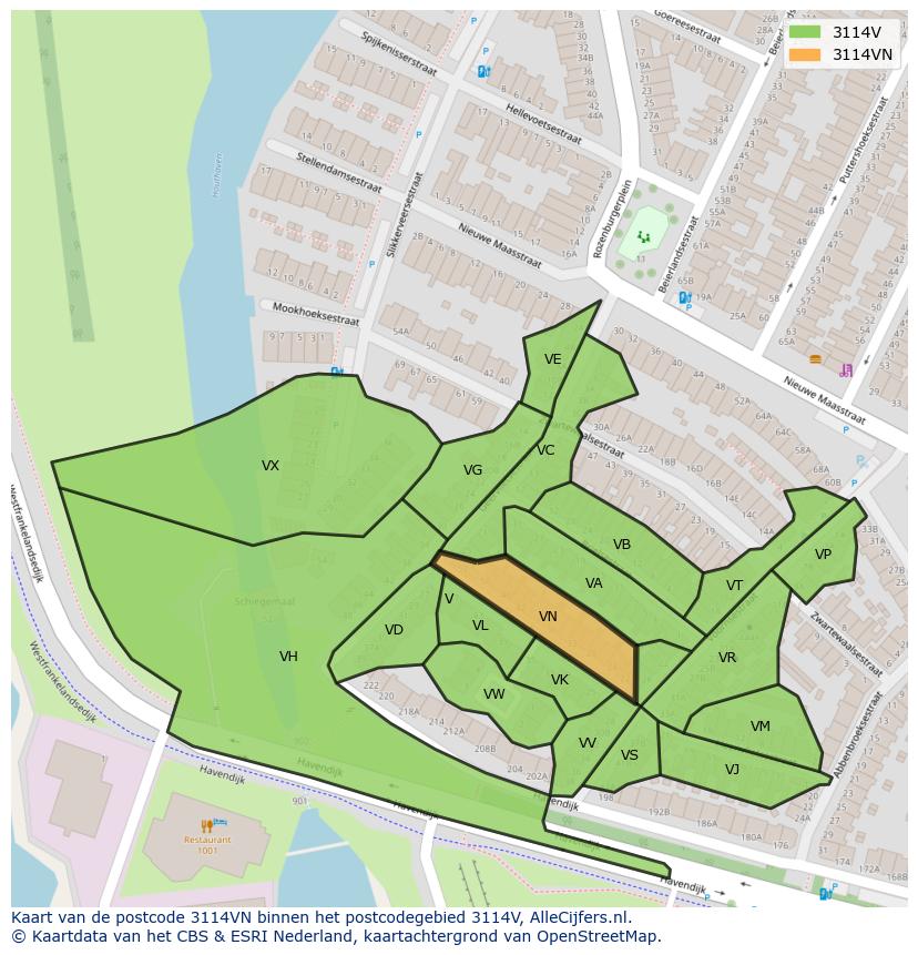 Afbeelding van het postcodegebied 3114 VN op de kaart.
