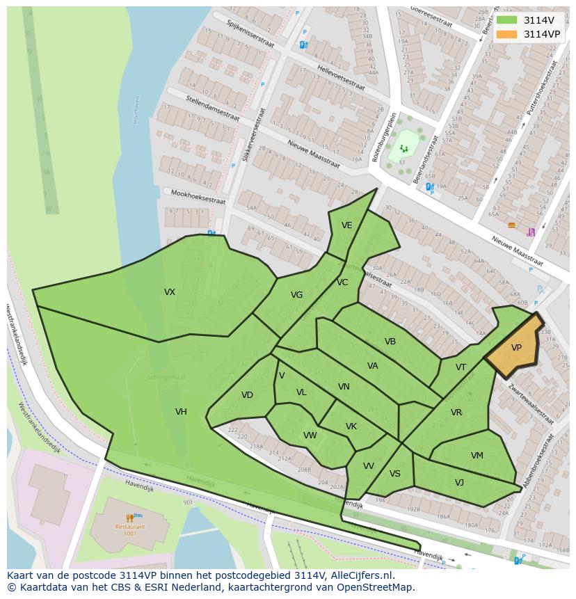 Afbeelding van het postcodegebied 3114 VP op de kaart.