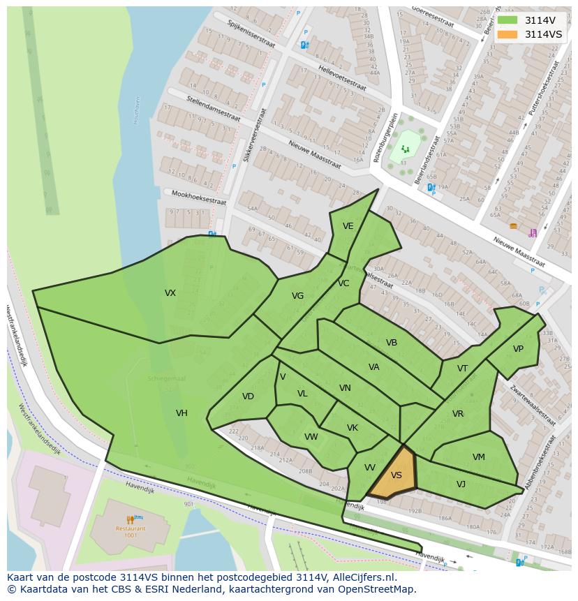 Afbeelding van het postcodegebied 3114 VS op de kaart.