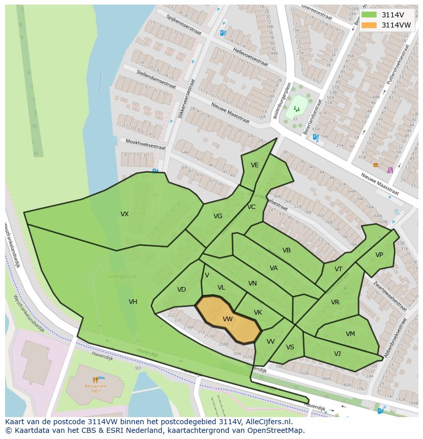 Afbeelding van het postcodegebied 3114 VW op de kaart.