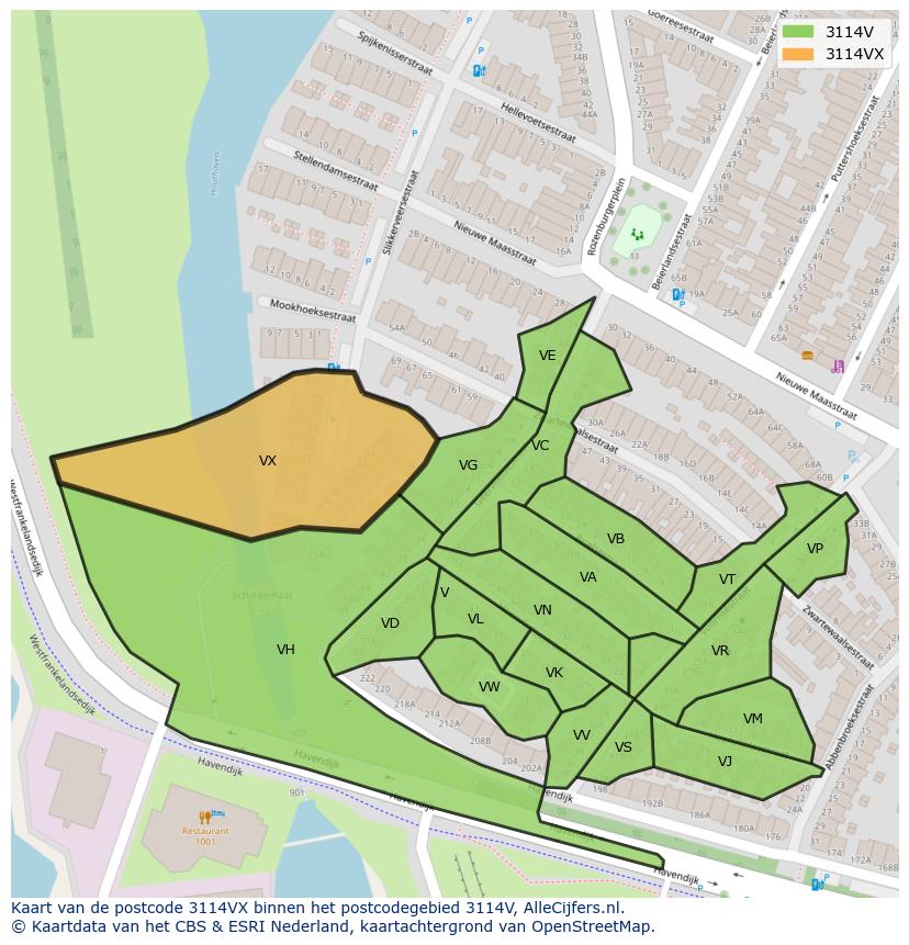 Afbeelding van het postcodegebied 3114 VX op de kaart.
