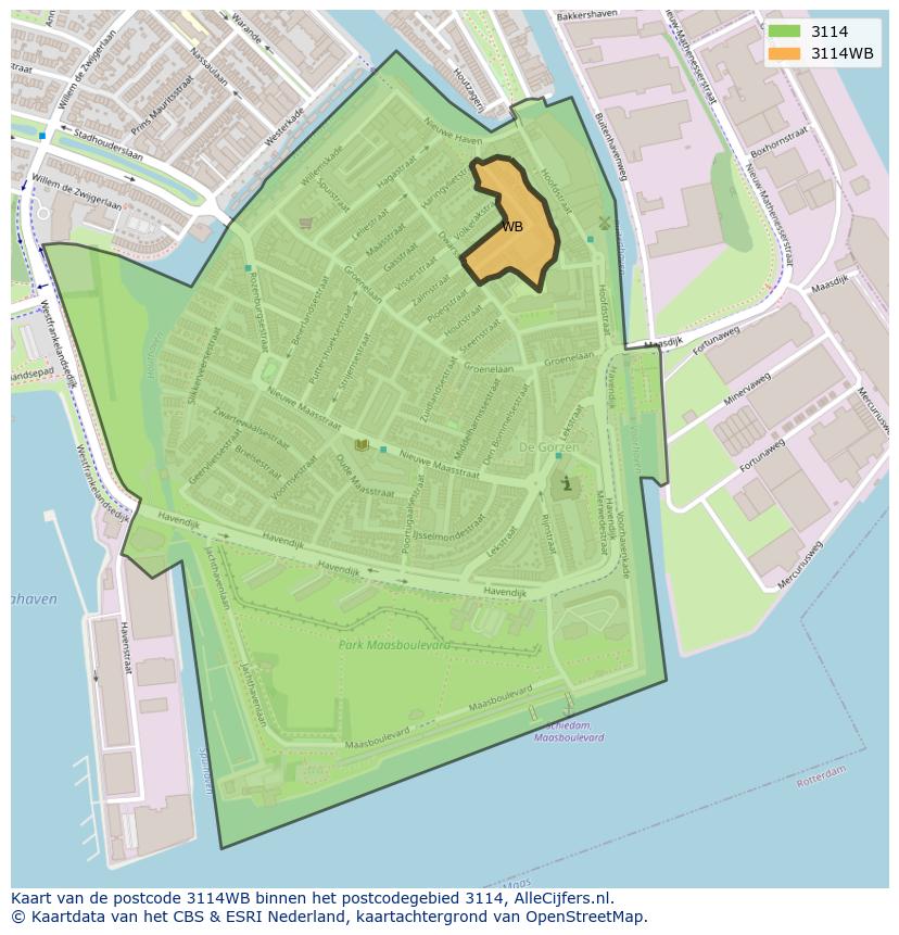 Afbeelding van het postcodegebied 3114 WB op de kaart.