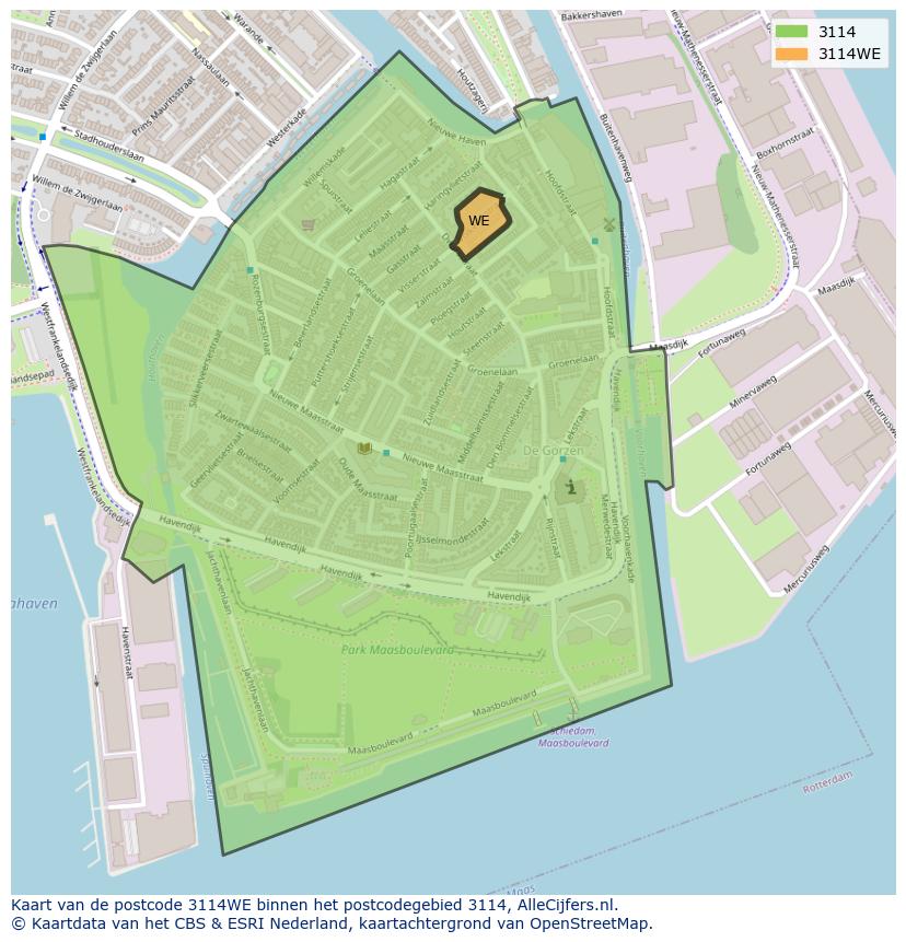 Afbeelding van het postcodegebied 3114 WE op de kaart.