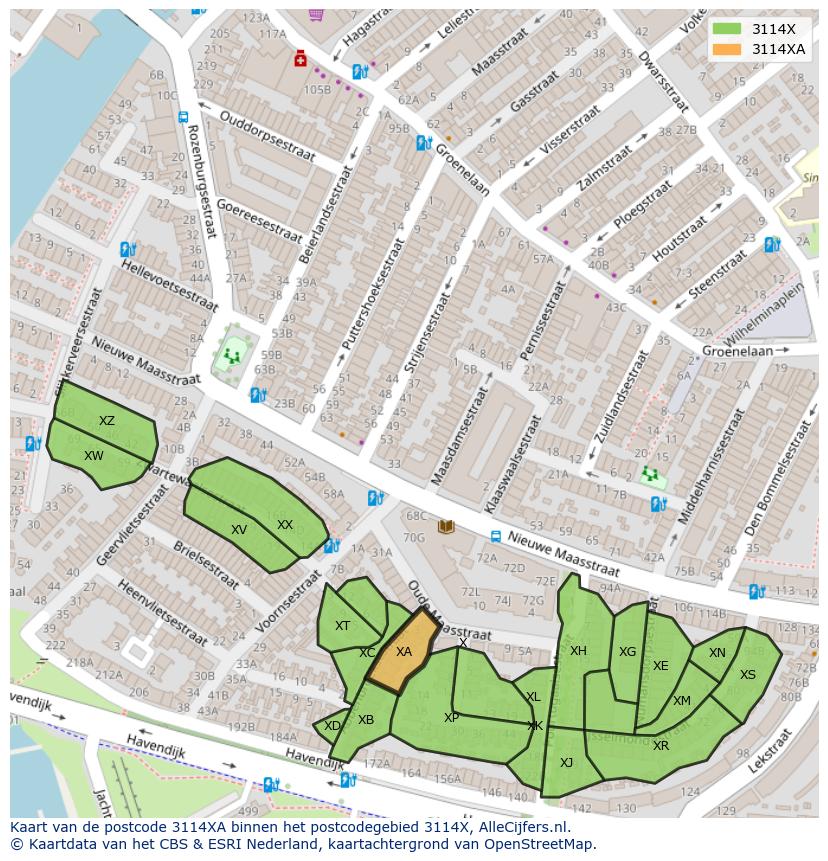 Afbeelding van het postcodegebied 3114 XA op de kaart.