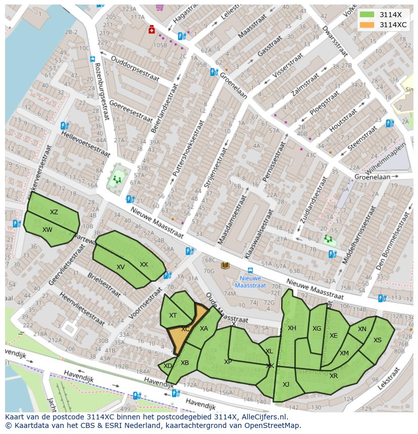 Afbeelding van het postcodegebied 3114 XC op de kaart.