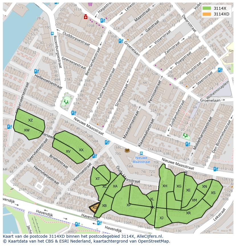 Afbeelding van het postcodegebied 3114 XD op de kaart.