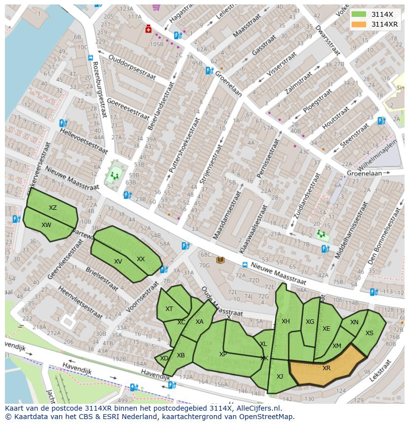 Afbeelding van het postcodegebied 3114 XR op de kaart.