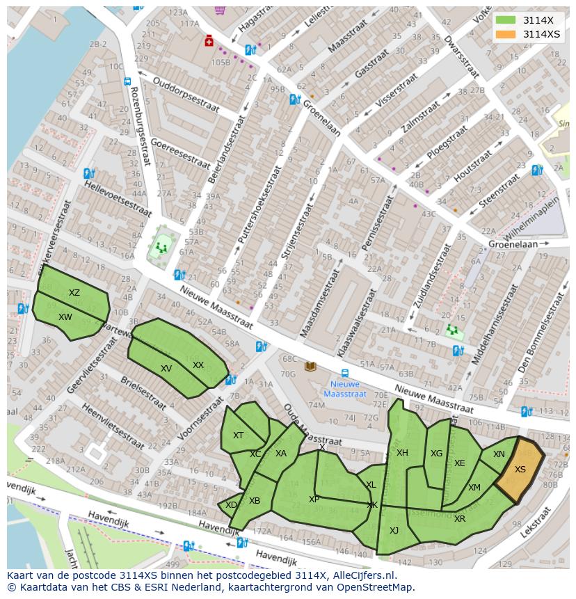 Afbeelding van het postcodegebied 3114 XS op de kaart.