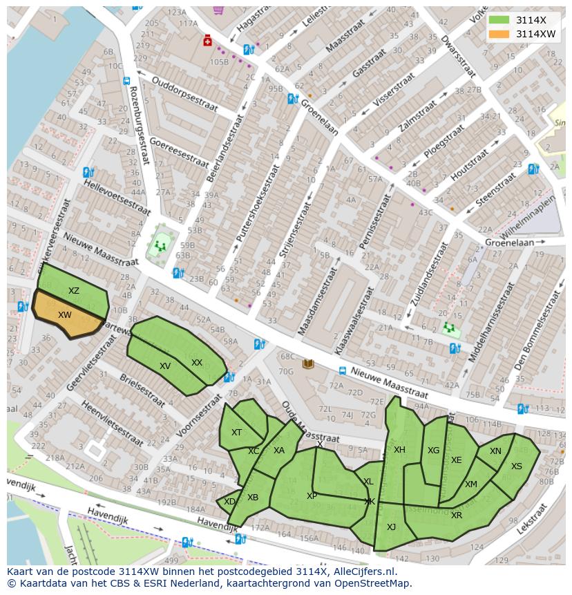 Afbeelding van het postcodegebied 3114 XW op de kaart.