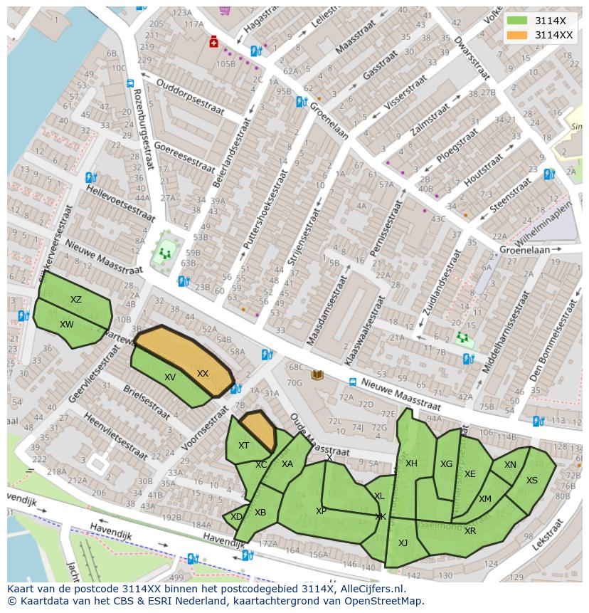 Afbeelding van het postcodegebied 3114 XX op de kaart.