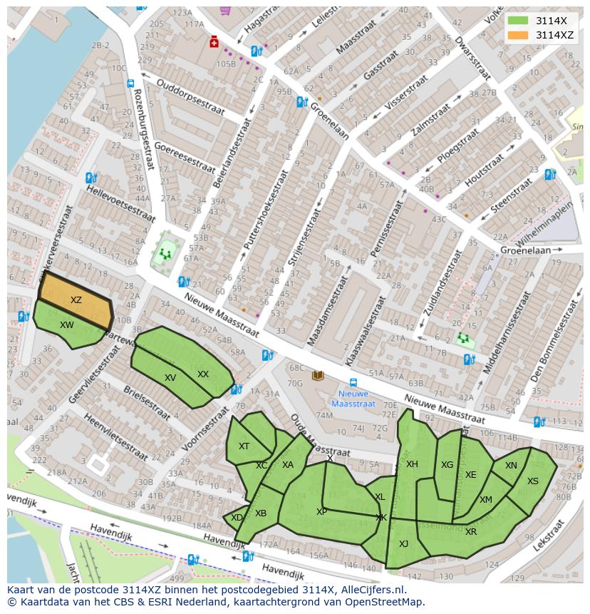 Afbeelding van het postcodegebied 3114 XZ op de kaart.