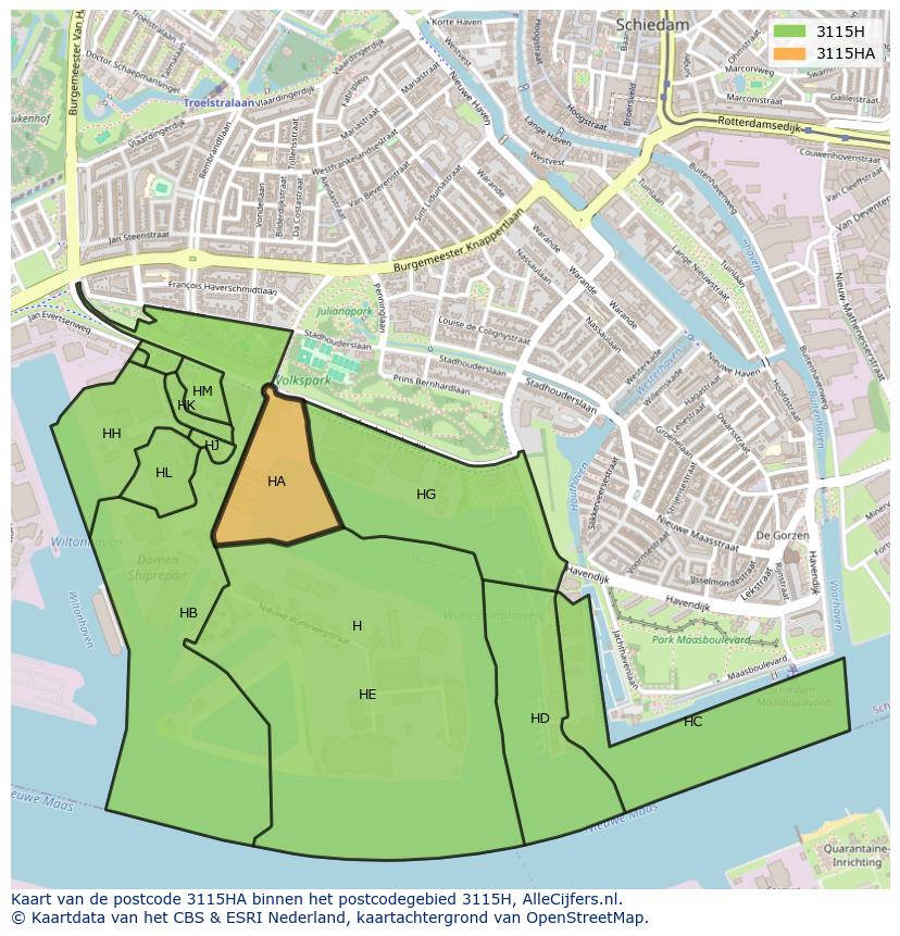 Afbeelding van het postcodegebied 3115 HA op de kaart.