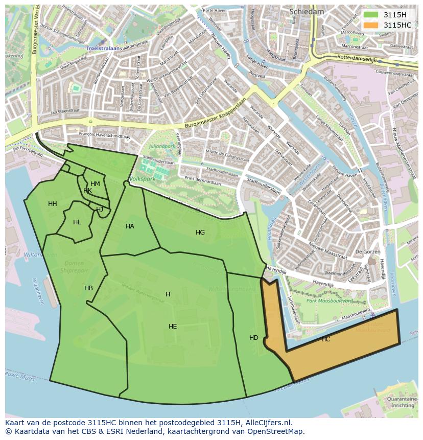Afbeelding van het postcodegebied 3115 HC op de kaart.