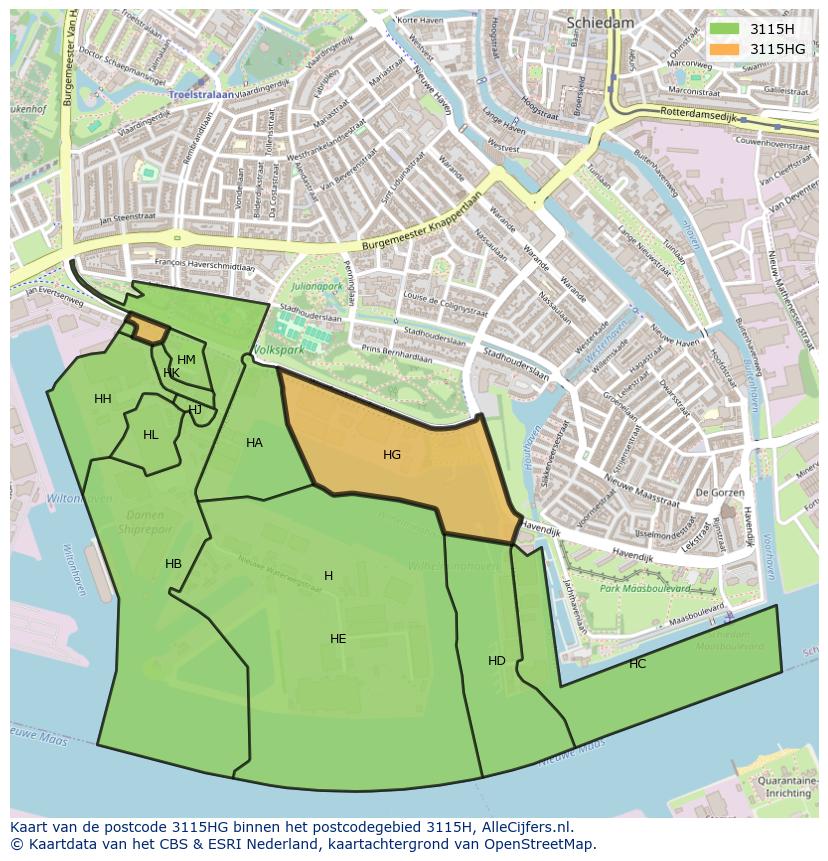 Afbeelding van het postcodegebied 3115 HG op de kaart.