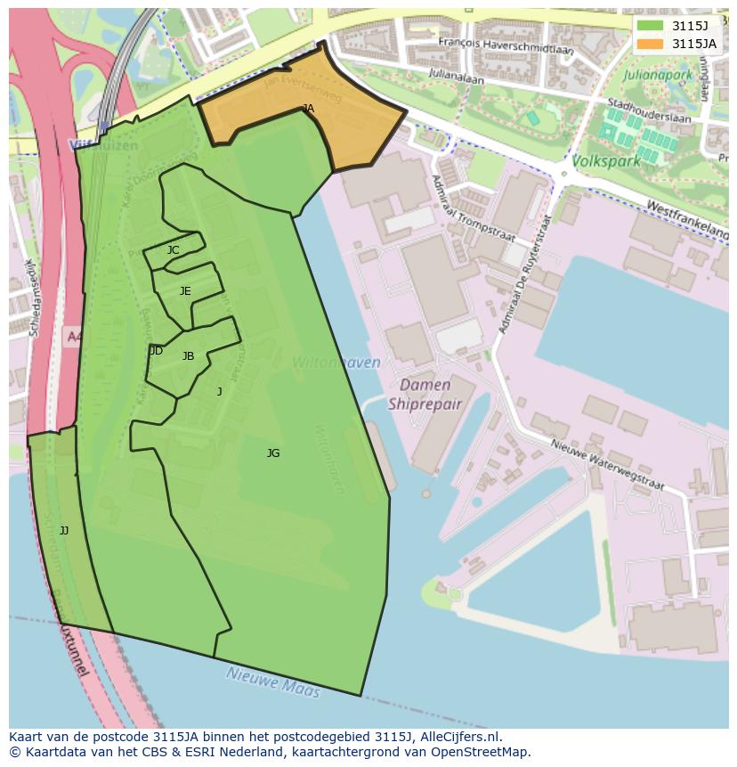 Afbeelding van het postcodegebied 3115 JA op de kaart.