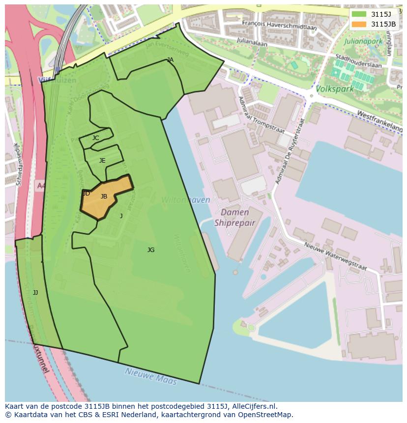 Afbeelding van het postcodegebied 3115 JB op de kaart.