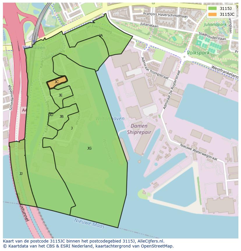 Afbeelding van het postcodegebied 3115 JC op de kaart.