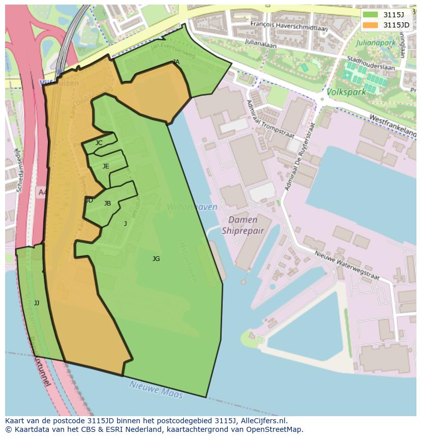 Afbeelding van het postcodegebied 3115 JD op de kaart.