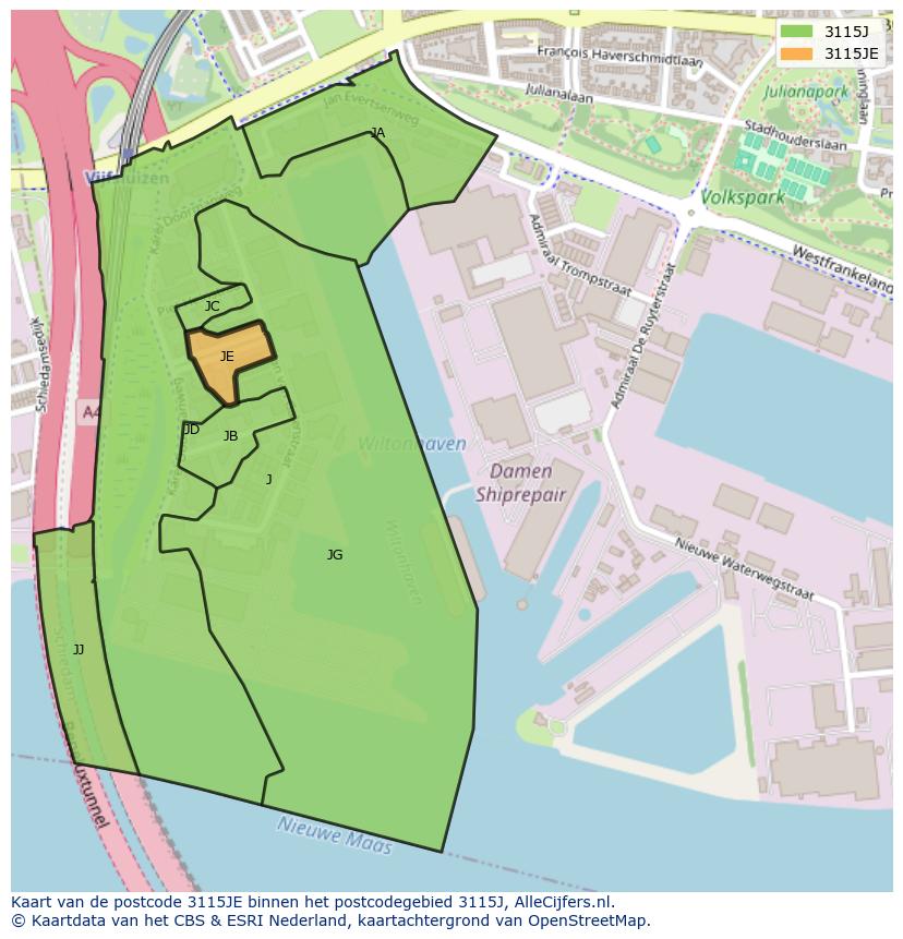 Afbeelding van het postcodegebied 3115 JE op de kaart.