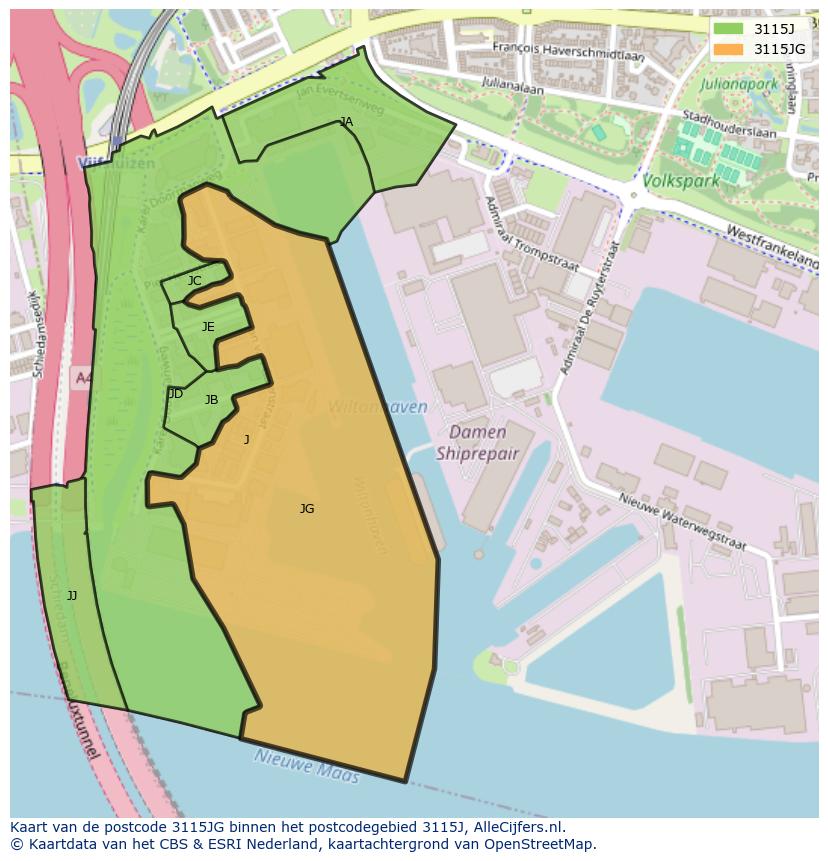 Afbeelding van het postcodegebied 3115 JG op de kaart.