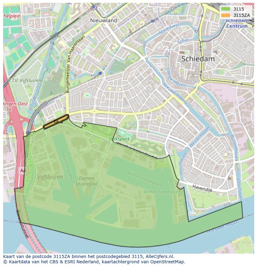 Afbeelding van het postcodegebied 3115 ZA op de kaart.