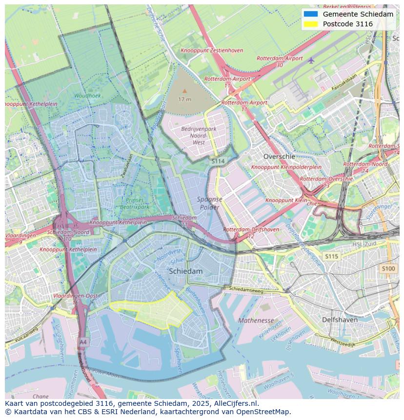 Afbeelding van het postcodegebied 3116 op de kaart.