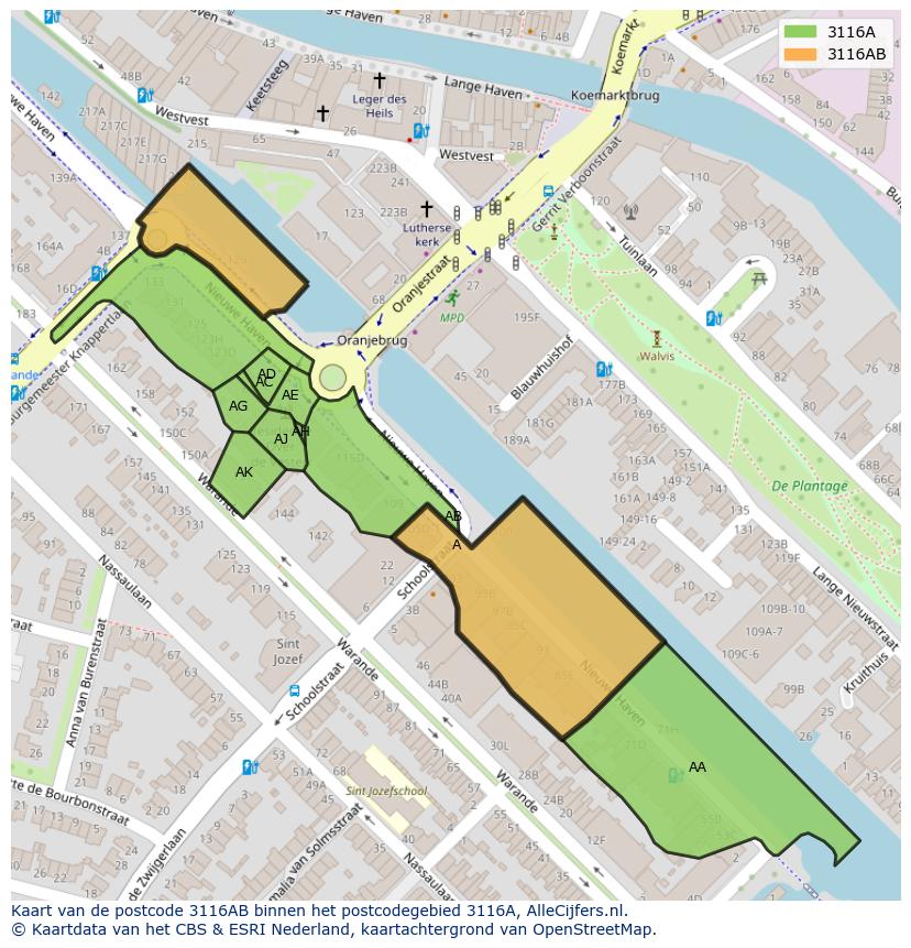 Afbeelding van het postcodegebied 3116 AB op de kaart.
