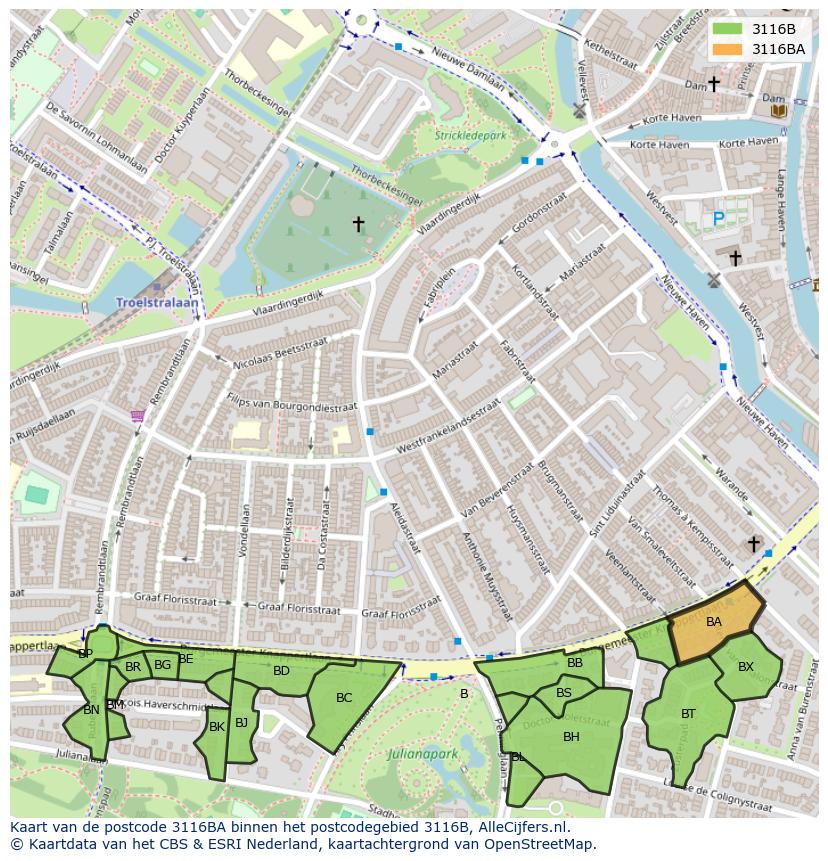 Afbeelding van het postcodegebied 3116 BA op de kaart.