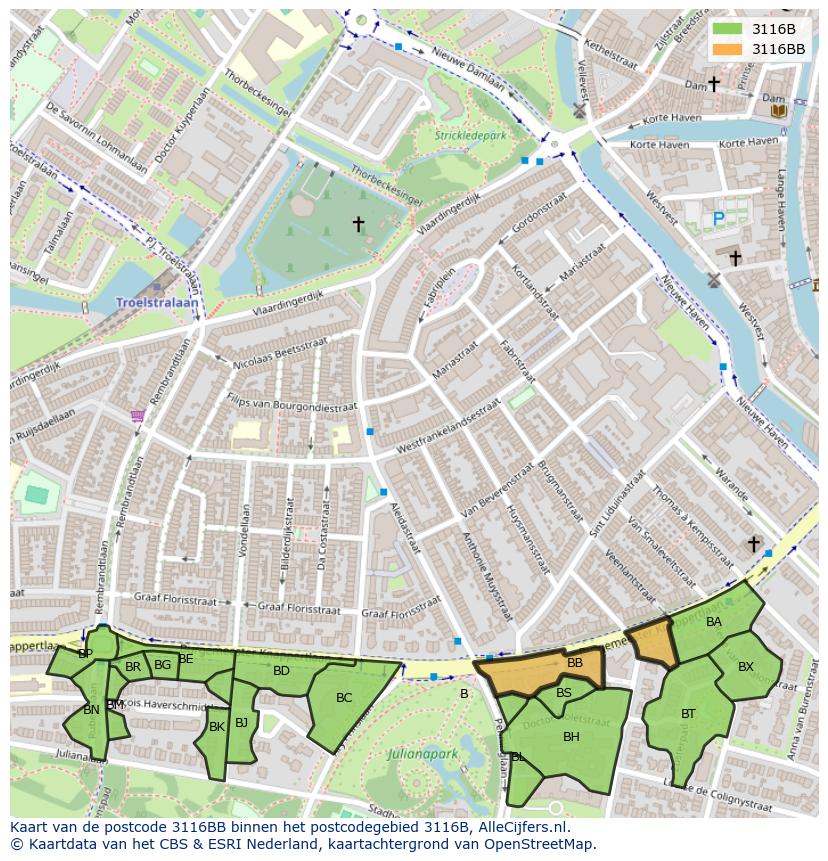 Afbeelding van het postcodegebied 3116 BB op de kaart.
