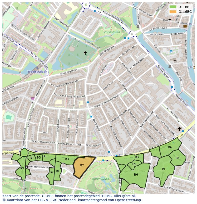 Afbeelding van het postcodegebied 3116 BC op de kaart.