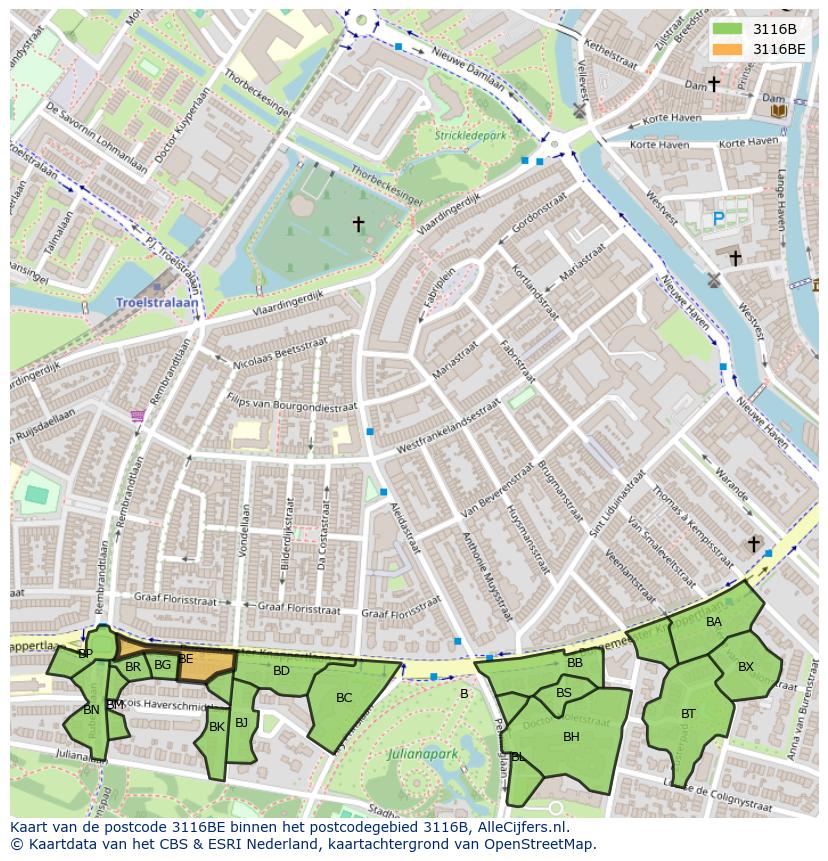 Afbeelding van het postcodegebied 3116 BE op de kaart.