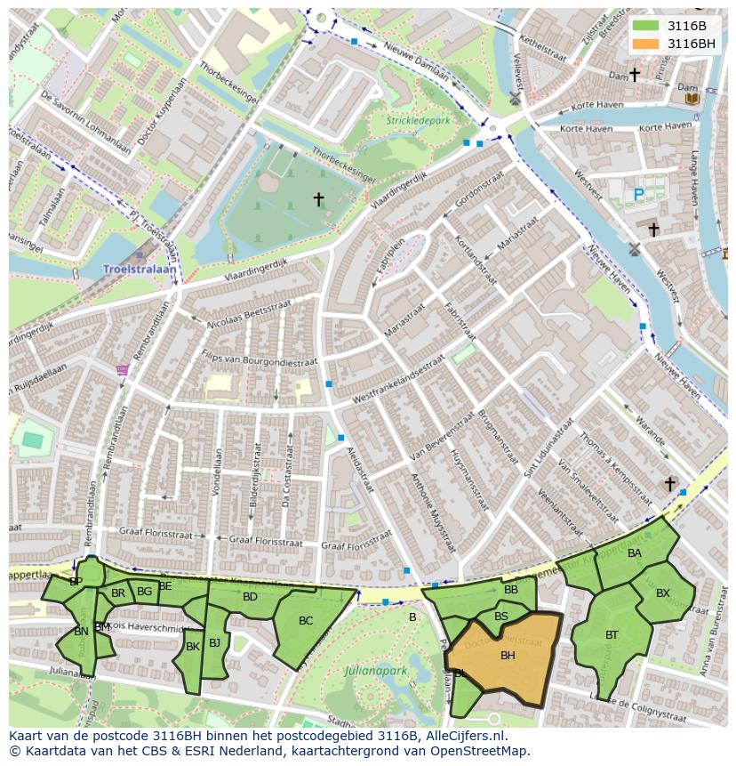 Afbeelding van het postcodegebied 3116 BH op de kaart.