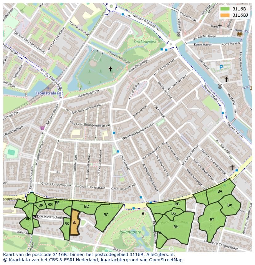 Afbeelding van het postcodegebied 3116 BJ op de kaart.